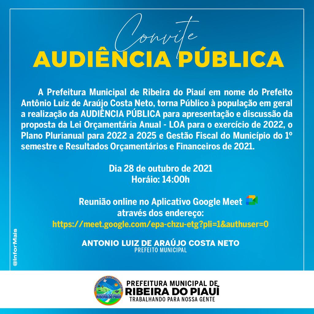  Prefeitura Municipal de Ribeira torna publico para a populacao em geral a realizacao da Audiencia Publica dia 28.10.21